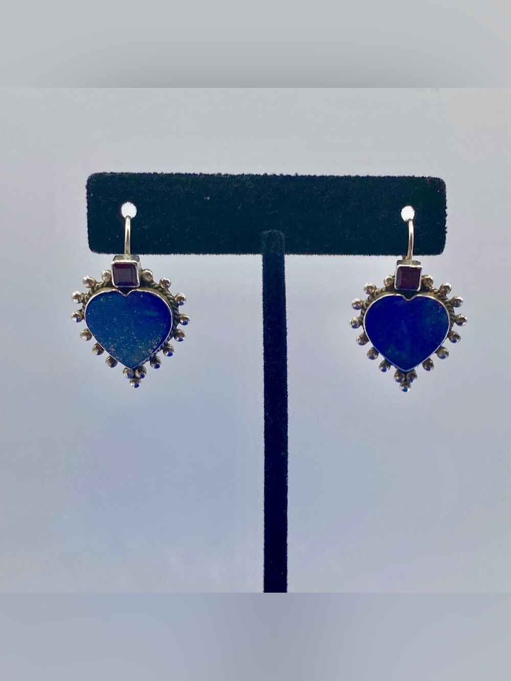 Vintage Sterling Silver Lapis Lazuli & Garnet Heart Shaped Drop Dangle Earrings